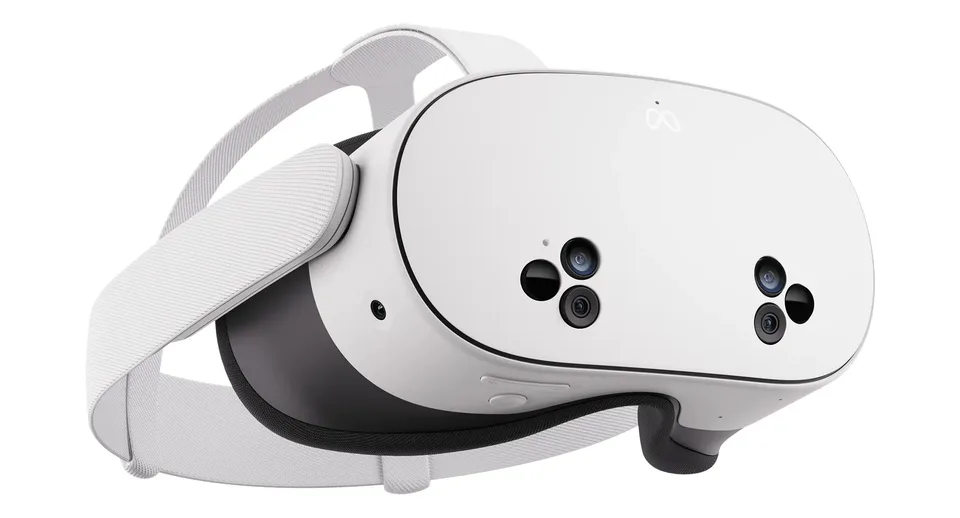Weiße Virtual-Reality-Brille mit ovaler Frontplatte, vier sichtbaren Kameralinsen, schwarzem Innenbereich, Schaumstoff-Gesichtsauflage und verstellbarem Stoffkopfband.